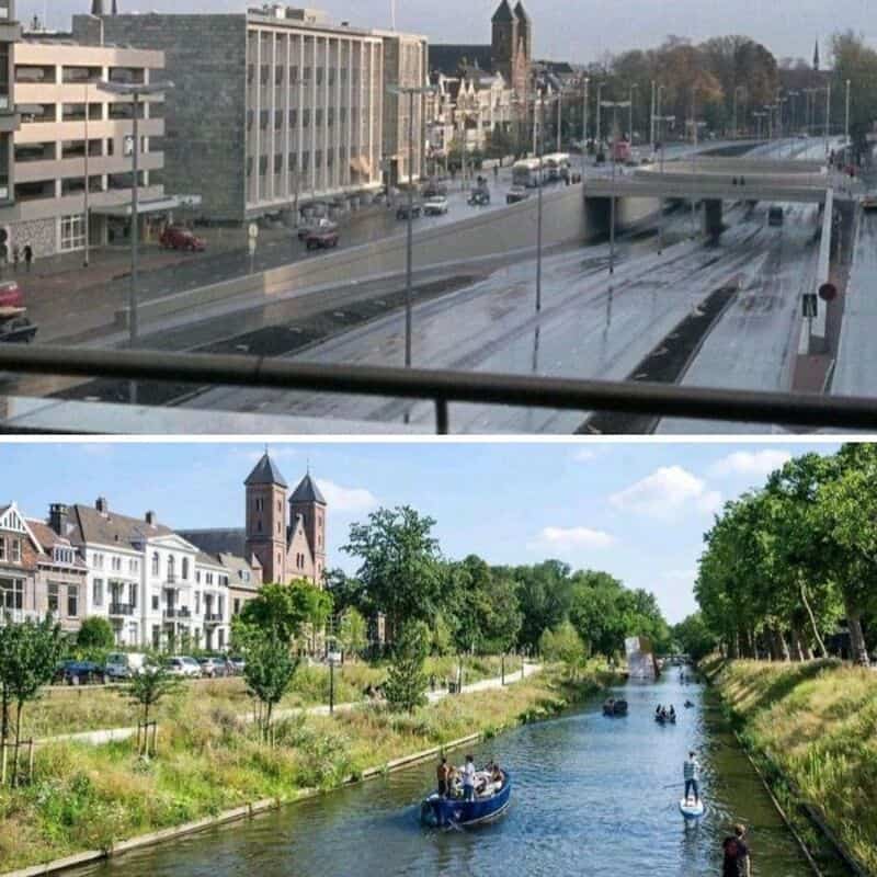 Top shows a city street with cars on a wet road; bottom shows a canal with boats and a s.