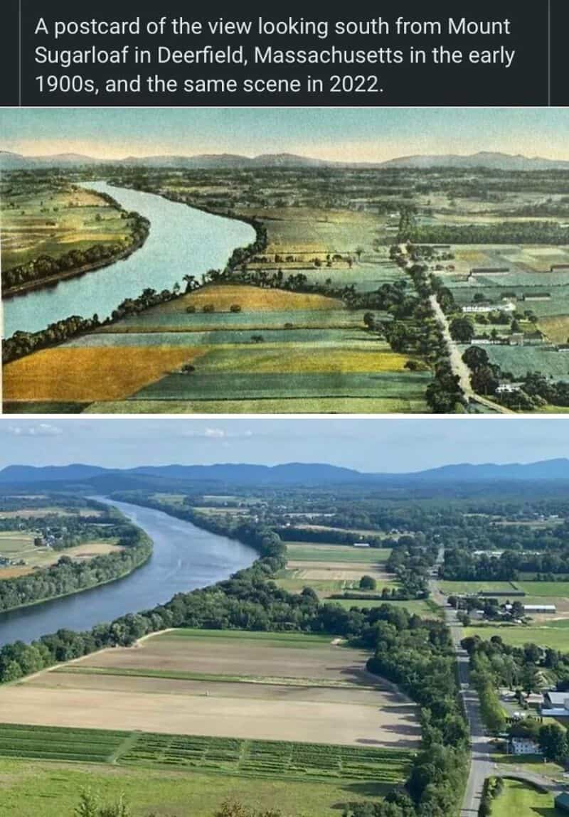 Aerial view of river meandering through farmland and fields, showing past and present scenes from Mt.