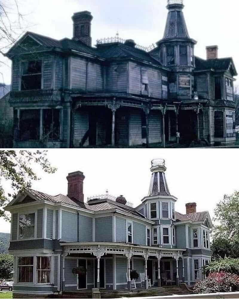 Old mansion split-screen: deteriorated weathered house on top, restored blue Victorian house on the底.