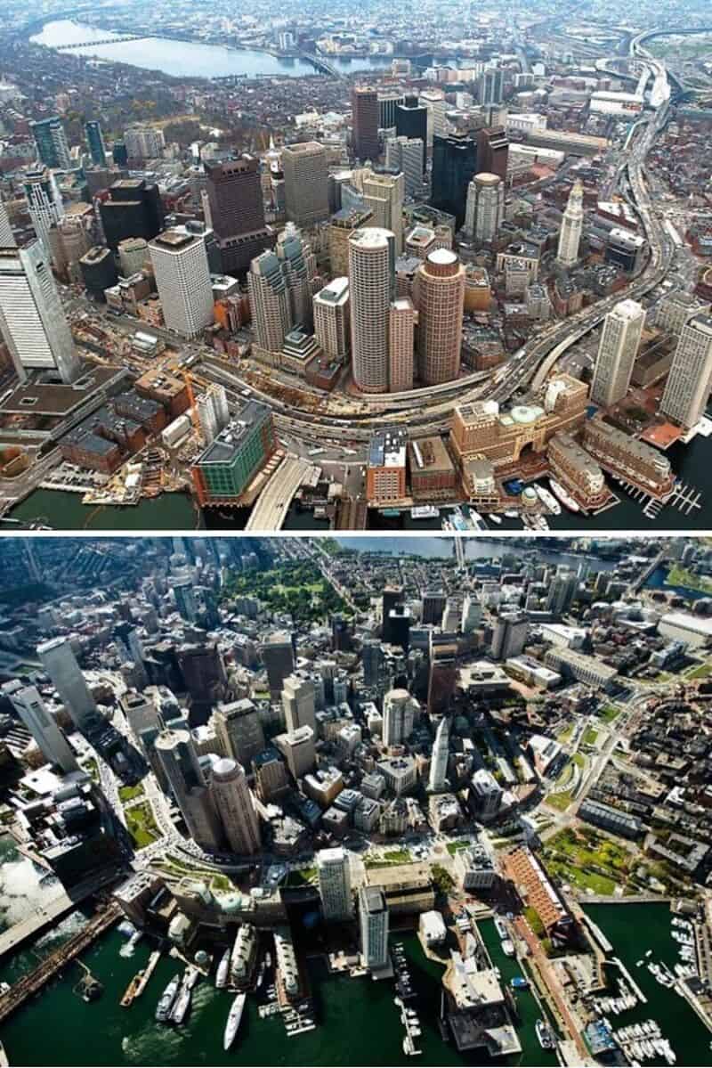 Aerial view of a dense downtown with tall buildings and a waterfront, showing a contrast between a 2.