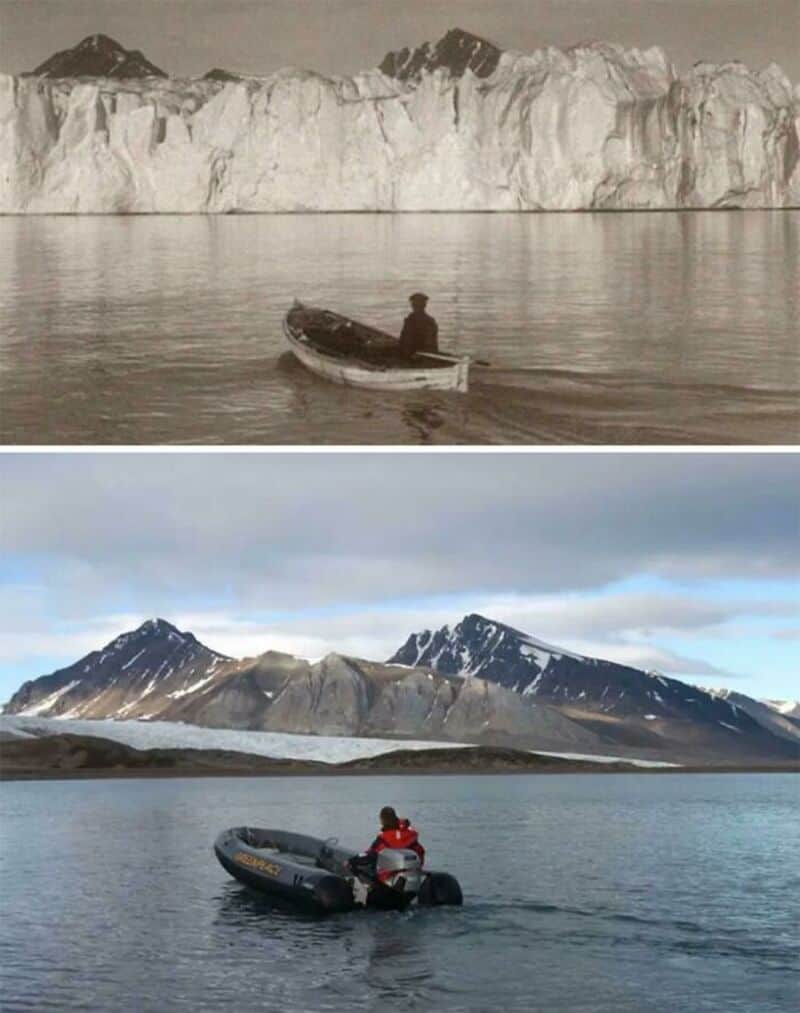 Person in a small boat near a jagged icy shoreline; historic black-and-white photo above a modern, h.