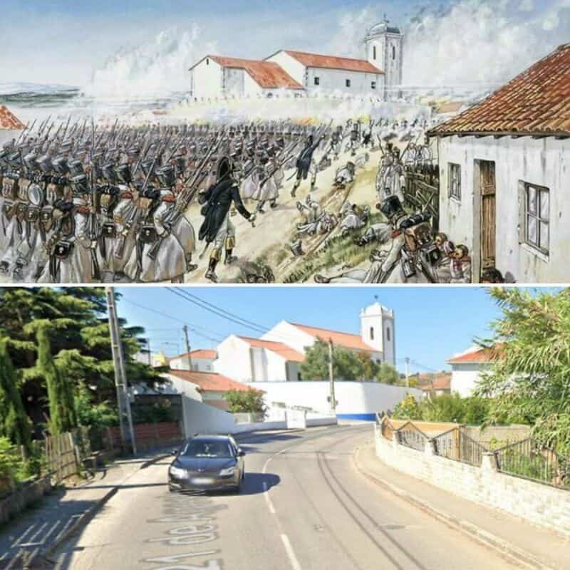 Historical battle scene atop old town with soldiers clashing; modern street view with white houses,?.