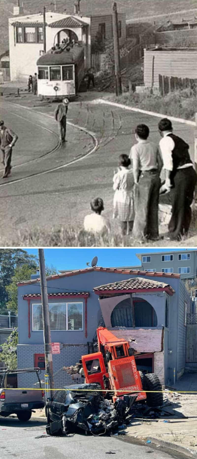 A vintage tram at a small station with onlookers; passengers on track watching.