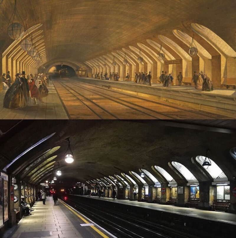 Old vs. modern subway: arched underground platforms with tracks.