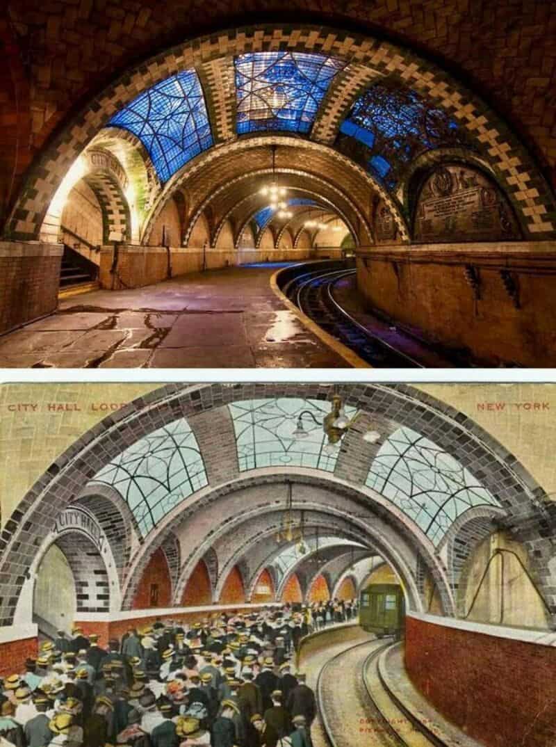 Underground subway station arches with blue skylight and brickwork.