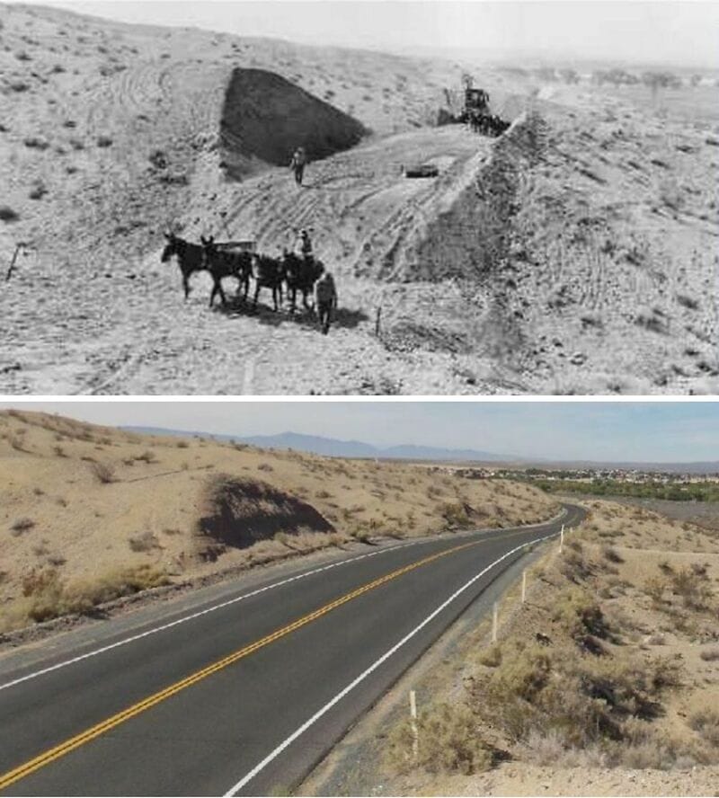 Historic underground quarry with horses and a modern desert highway passing through arid.