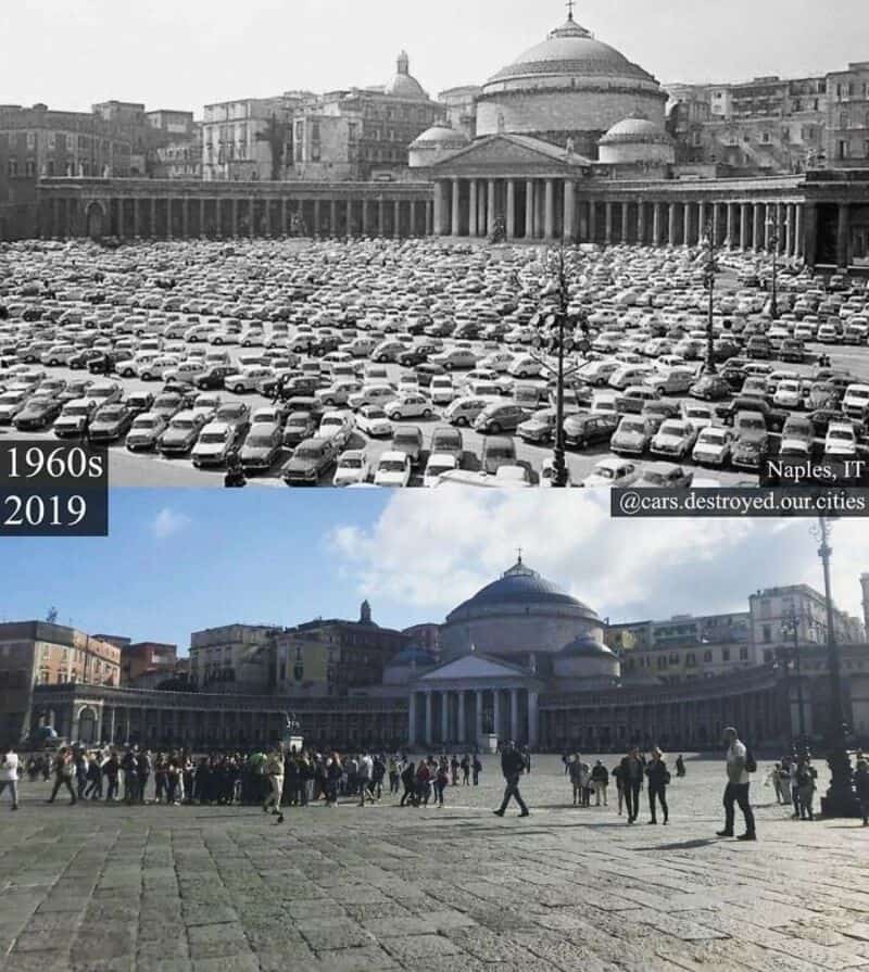 Naples Piazza del Plebiscito with a sea of vintage cars in a 1960s photo vs a modern-day.