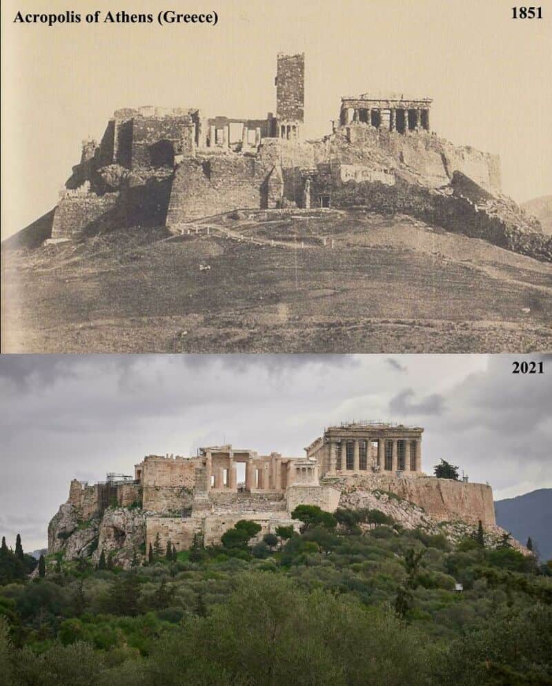 Acropolis of Athens (Greece) old view vs modern restoration on hill with Parthenon, 1851/2021.