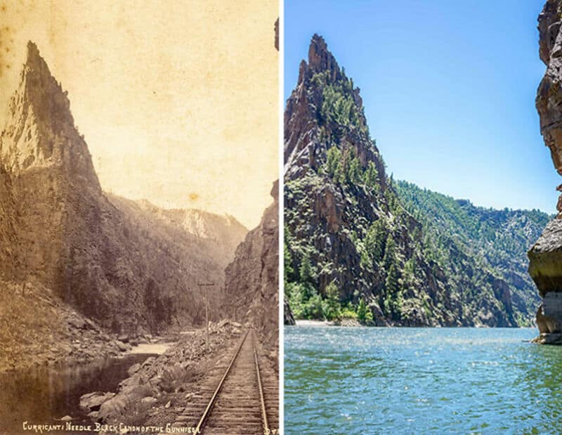 Side-by-side comparison of railroad tracks cutting through rocky cliffs by a body of water and lush,.