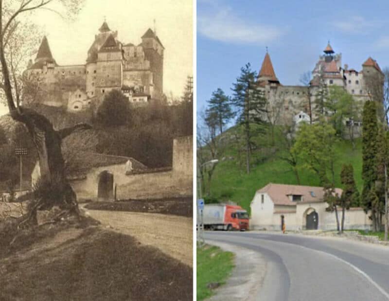 Old castle on a hill with a tree in foreground; modern road and truck beside hillside castle.