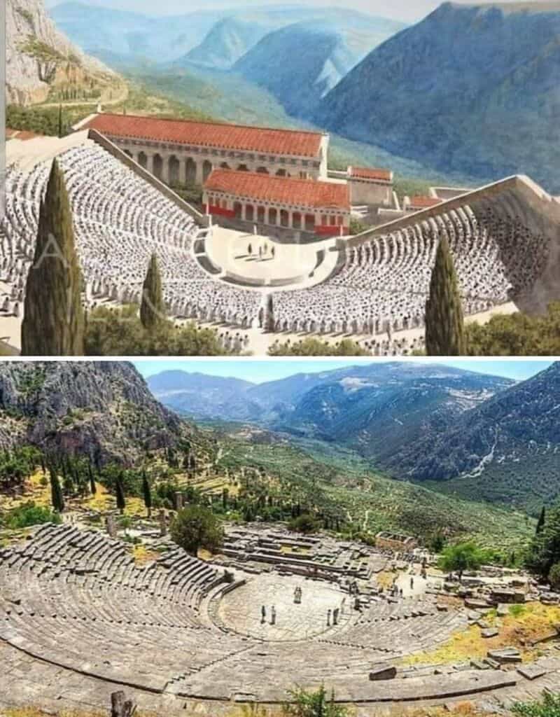 Ancient amphitheater in a mountainous landscape with tiered stone seating and a central stage.