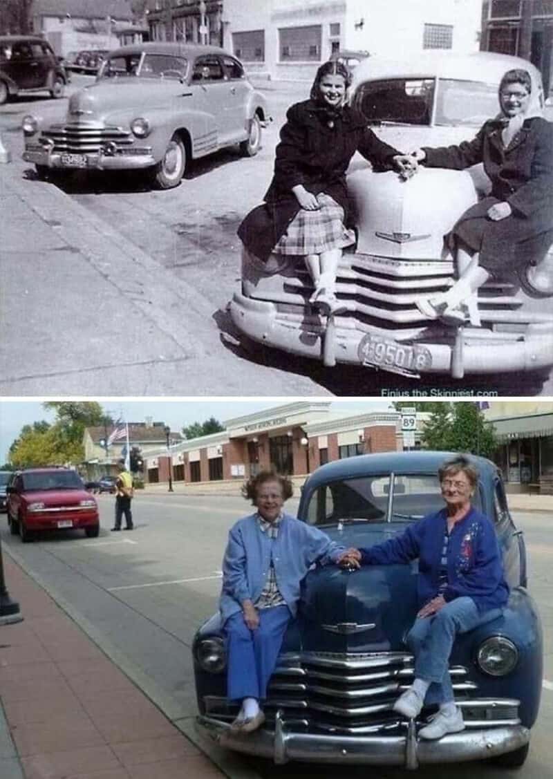 Two women sit on the bumper of a vintage car on a city street, black-and-white photo paired with a 2.