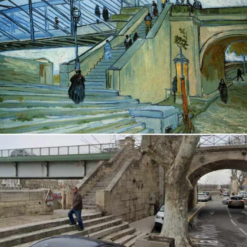 Two photos showing a staircase and urban scene; top image painting-like with people on steps under a.
