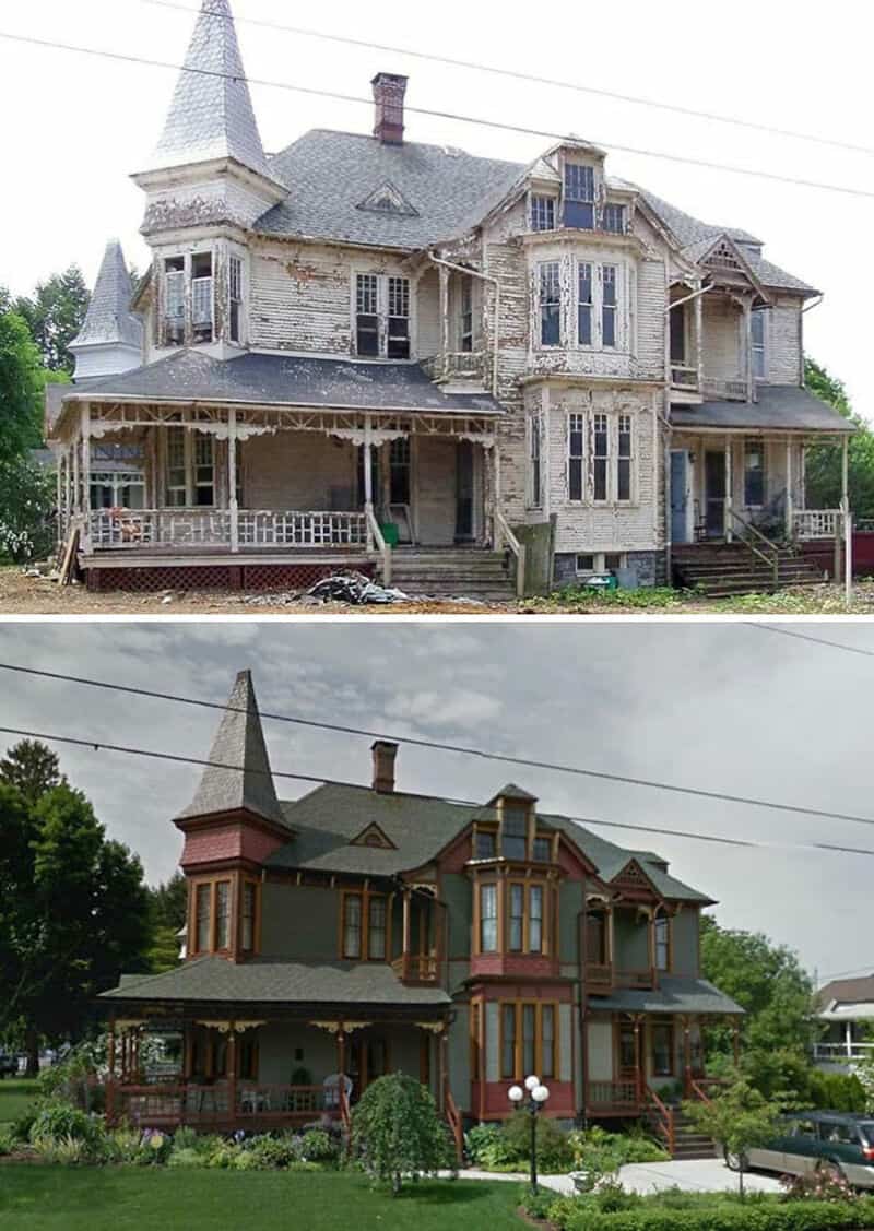 Two houses shown: top image an old, weathered wooden mansion with peeling paint; bottom image a red,.
