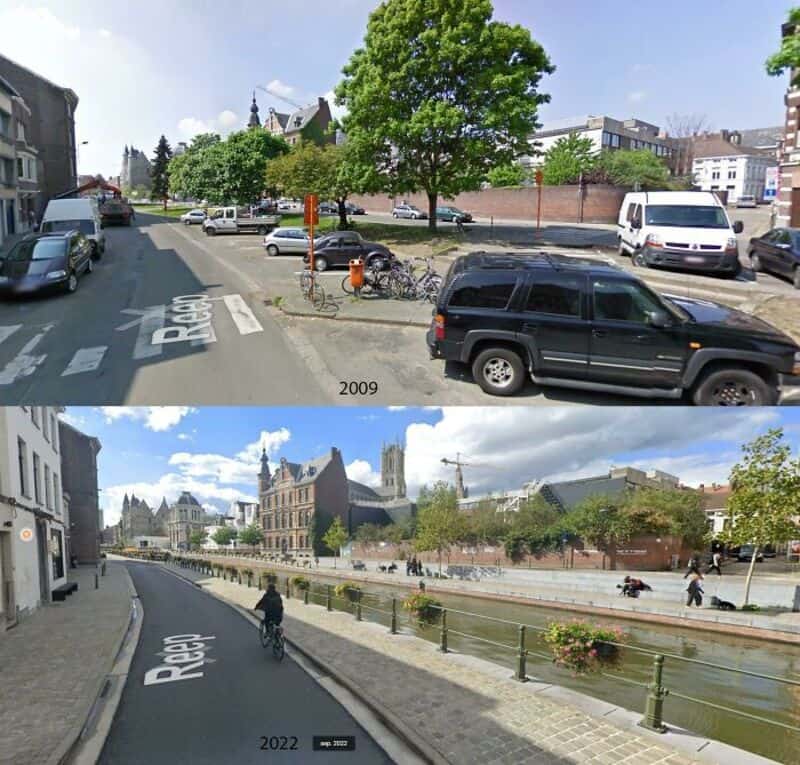 Old photo comparison: 2009 street view with cars and trees vs 2022 improved riverside promenade with.