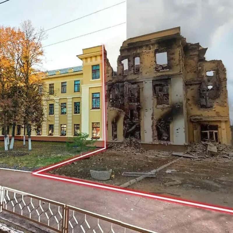 Two-story yellow building next to a heavily damaged stone structure; red outlined boundary shows a V.
