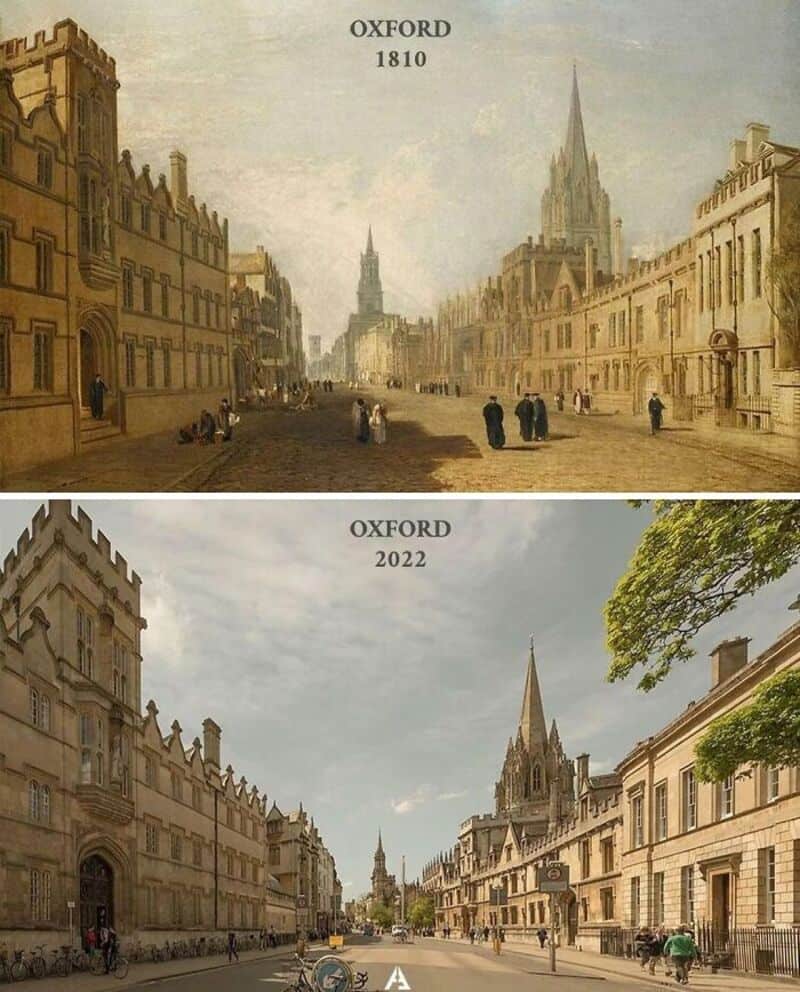 Oxford street view 1810 vs 2022; historic street with cathedral spire and colonnaded buildings.