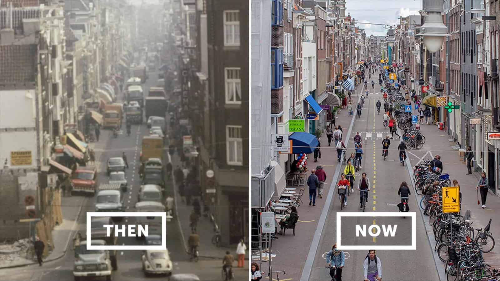 Then and Now street scene comparison showing dense urban street with cars in the past and a vibrant,.