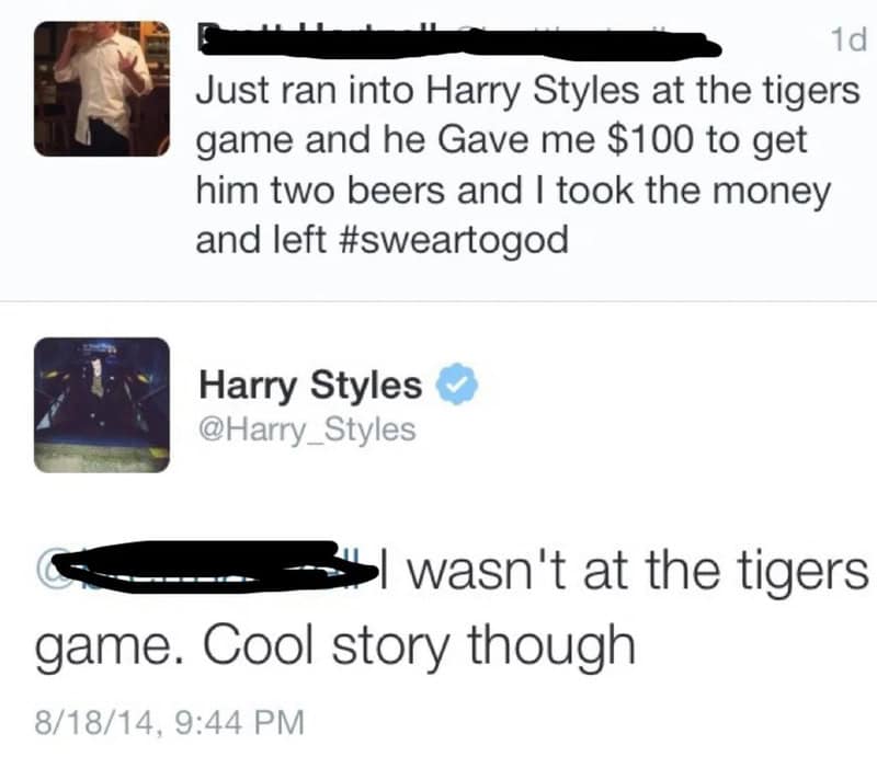 Twitter exchange about Harry Styles and a Tigers game, with a claim of being paid $100.