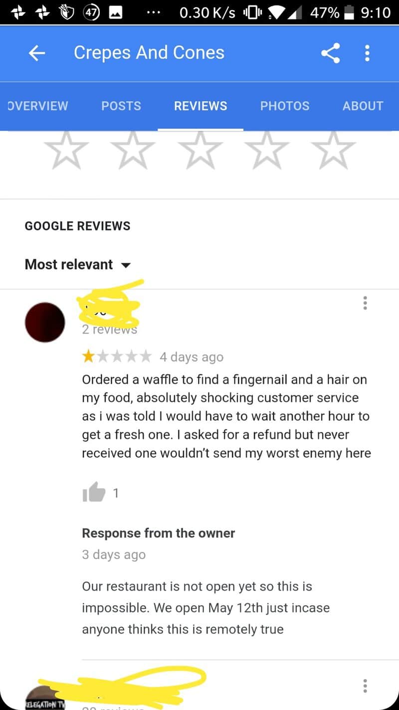 Screenshot of Google reviews for Crepes And Cones restaurant.