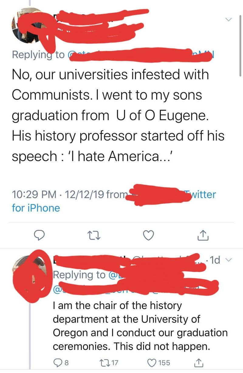 Twitter reply about university history professor's speech and graduation.