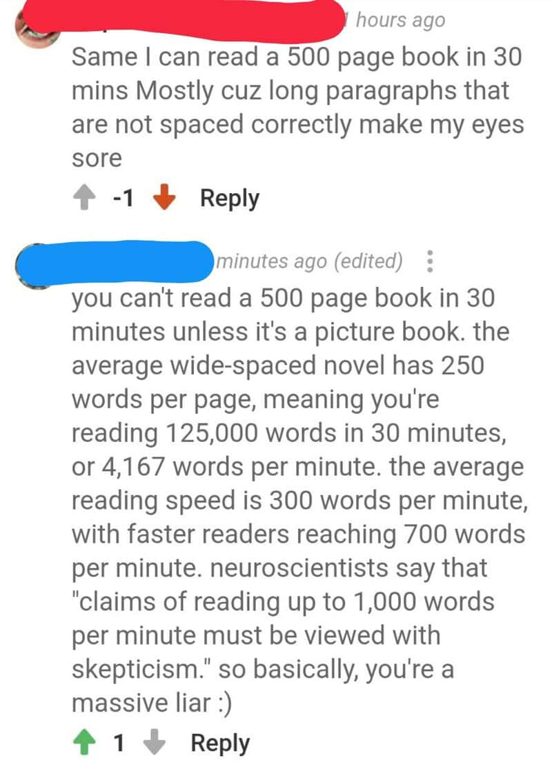 Screenshot of a discussion about reading speed and book types.