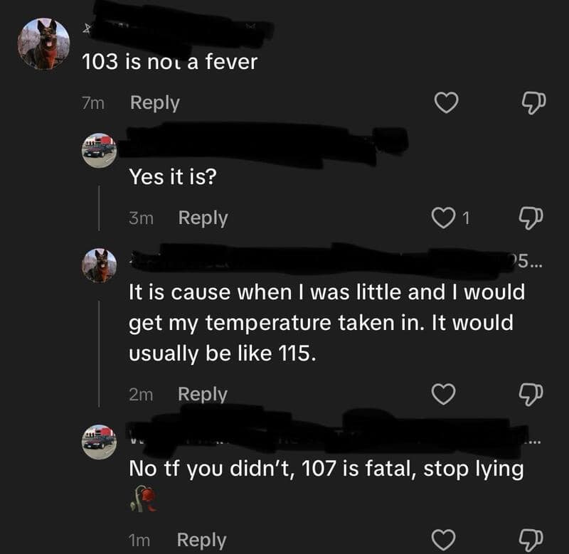 Screenshot of a conversation about body temperature, mentioning 103 and 107 degrees.