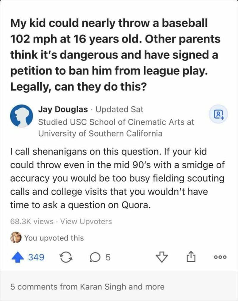 A social media post about a kid throwing a baseball at 102 mph.