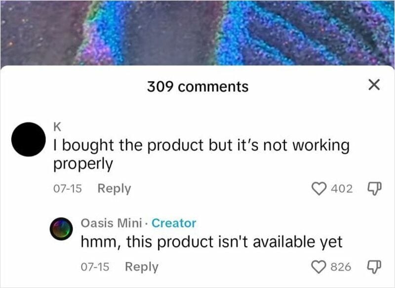 Screenshot of a comment thread about a product not working and being unavailable.