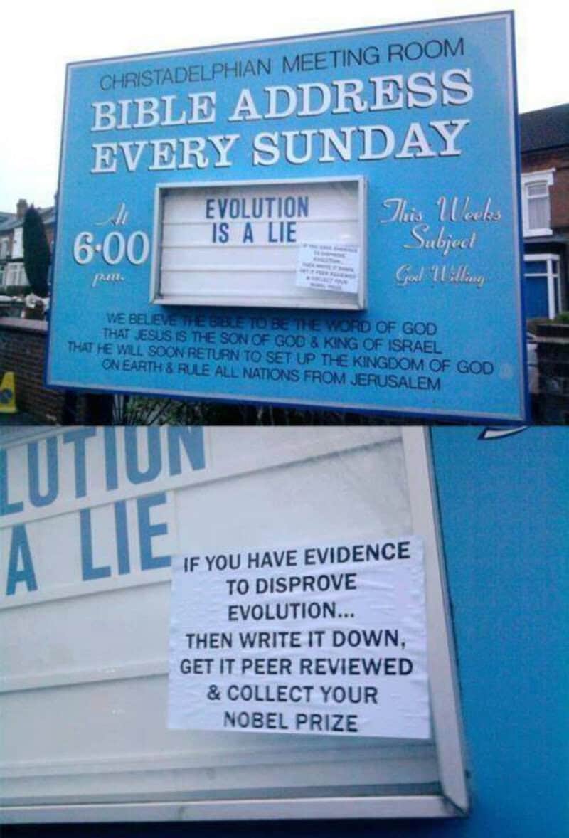 Bible address sign: Evolution is a lie, every Sunday at 6:00 pm, Christadelphian meeting room.