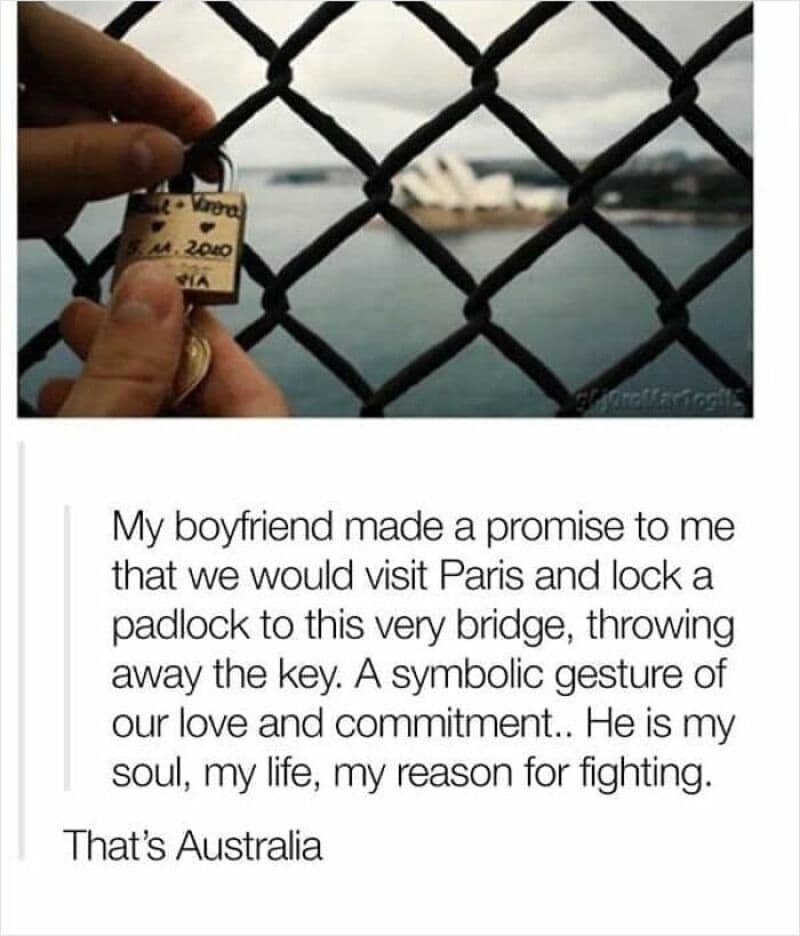 Hand holding a padlock on a fence with Sydney Opera House in background.