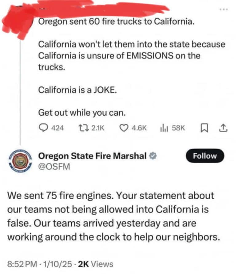 Oregon Fire Marshal's tweet about sending fire trucks to California and California's response.