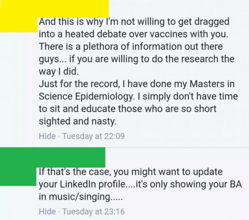 Screenshots of a conversation discussing vaccines and LinkedIn profile updates.