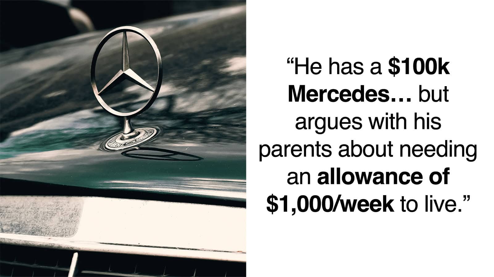 Mercedes logo on car with quote about allowance and living costs.
