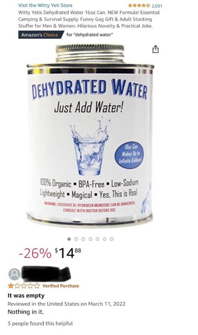 Dehydrated Water can with label 'Just Add Water' and small blue water splash image.