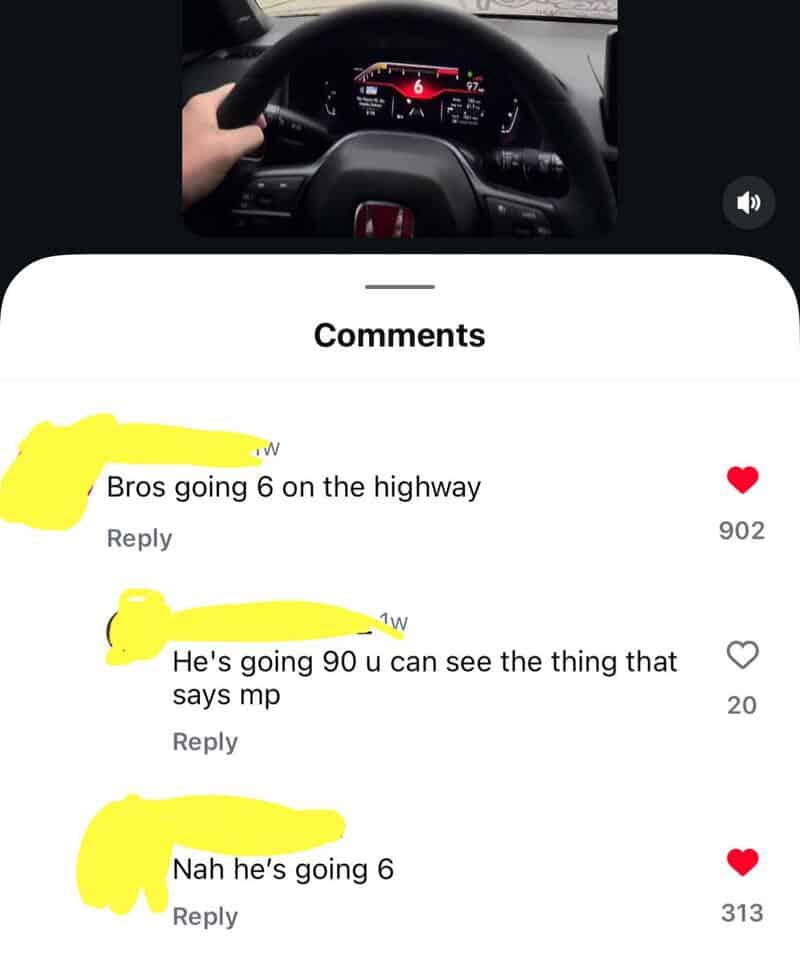 Driver's hands on steering wheel; dashboard visible with speedometer.