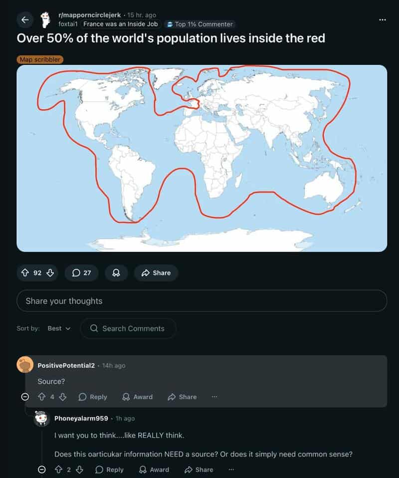 World map with red contour highlighting regions where over 50% of population lives inside the red-sh.