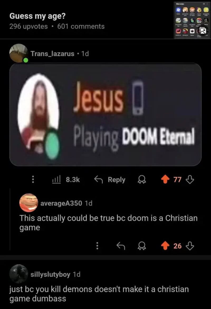 Jesus Playing DOOM Eternal social post image with user avatars and comments.