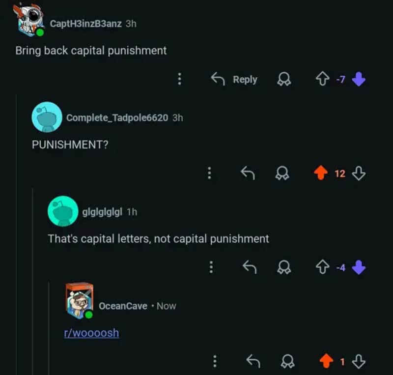 Cartoon avatar characters on a dark social thread discussing capital punishment and capitalization;.