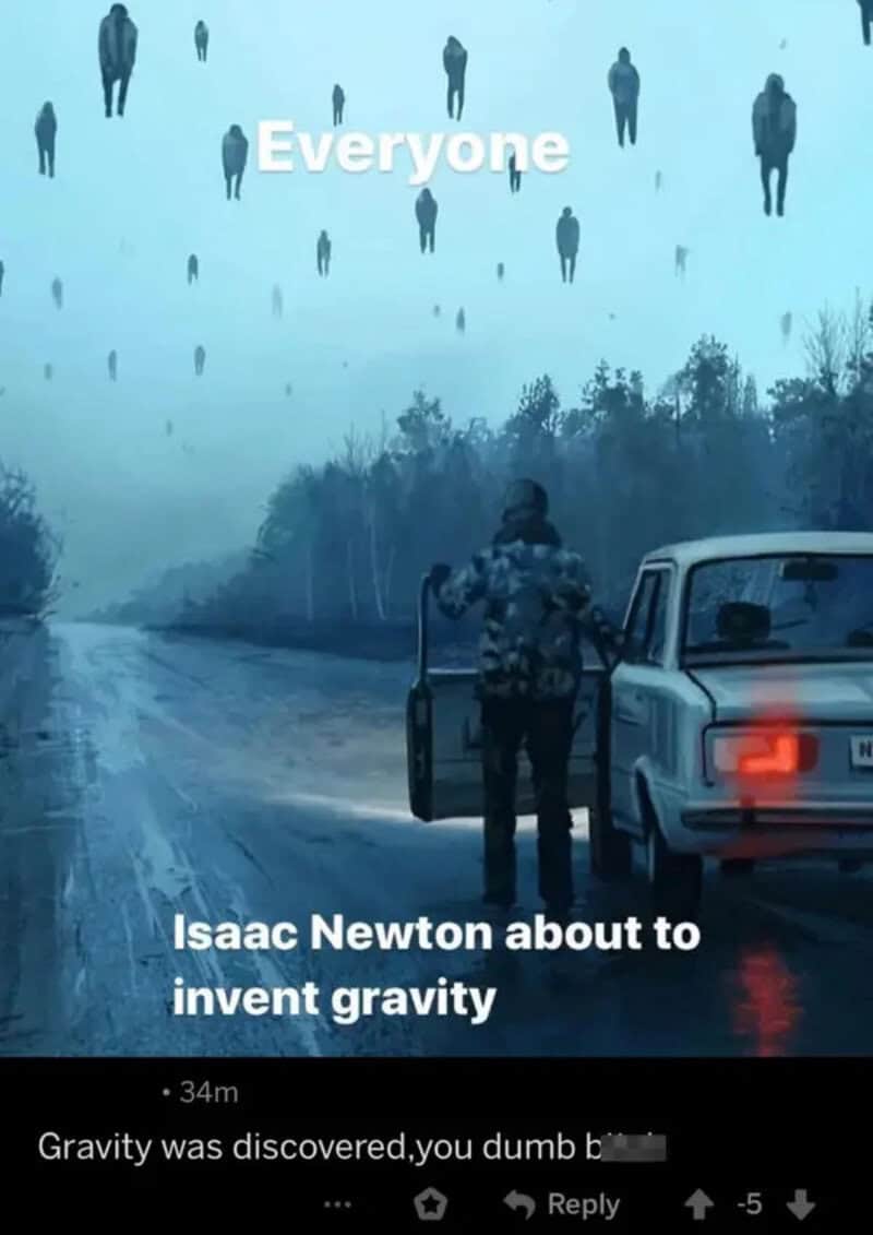 Isaac Newton about to invent gravity, man leaning on car on empty road with silhouettes in.