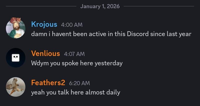 Discord chat screenshot showing three users: Krojous, Venlious, Feathers2 with timestamps and short;.