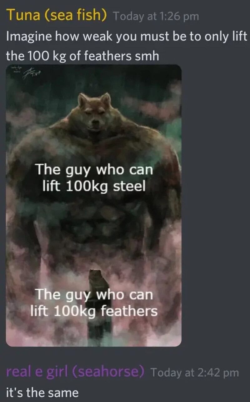 The guy who can lift 100kg steel, The guy who can lift 100kg feathers.