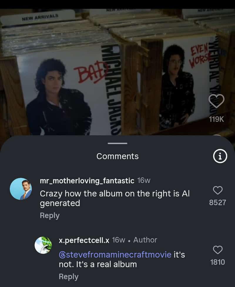 Band member in leather jacket standing beside a stack of vinyl records, with 'New Arrivals' signs in.