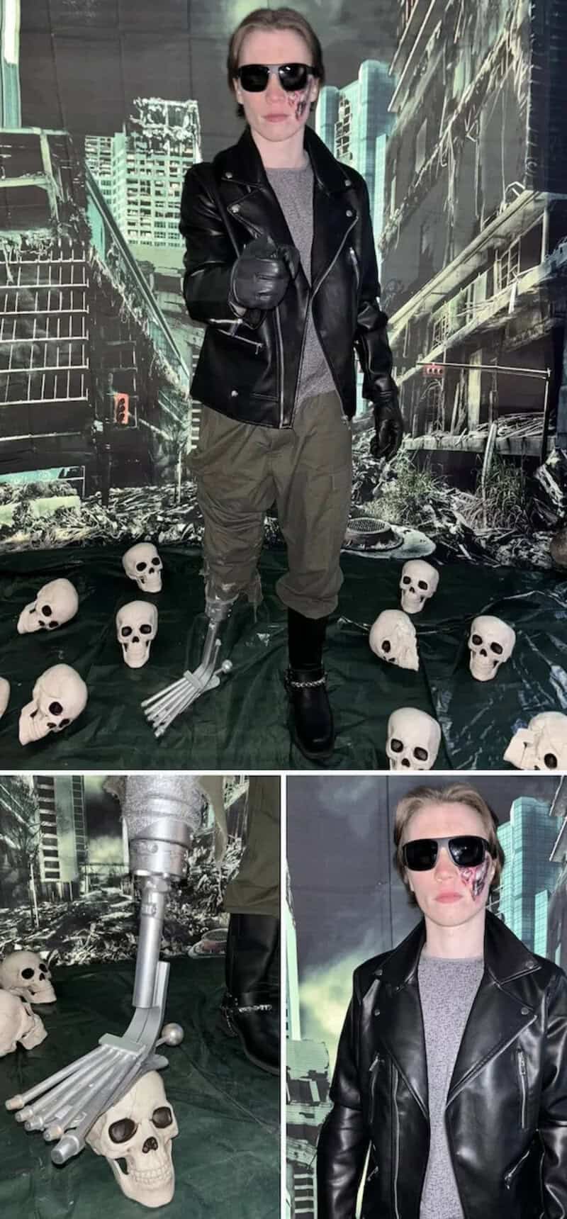 Person in black leather jacket and sunglasses standing among skulls in a dystopian city backdrop, cr.