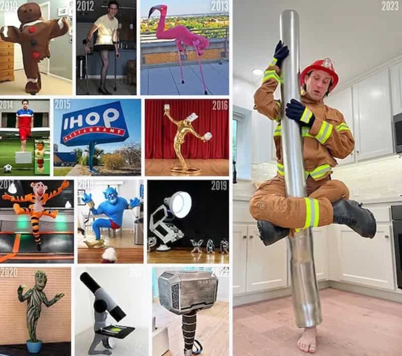 Person in firefighter costume holding a metal pole indoors; collage of various costume images in the.