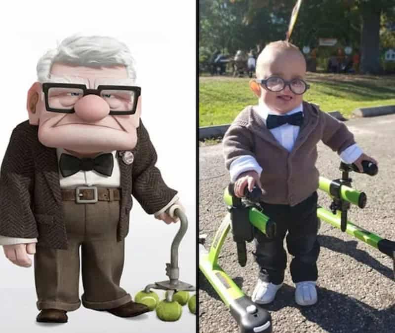 Left shows an elderly man with glasses and a mop, right shows a toddler wearing glasses.