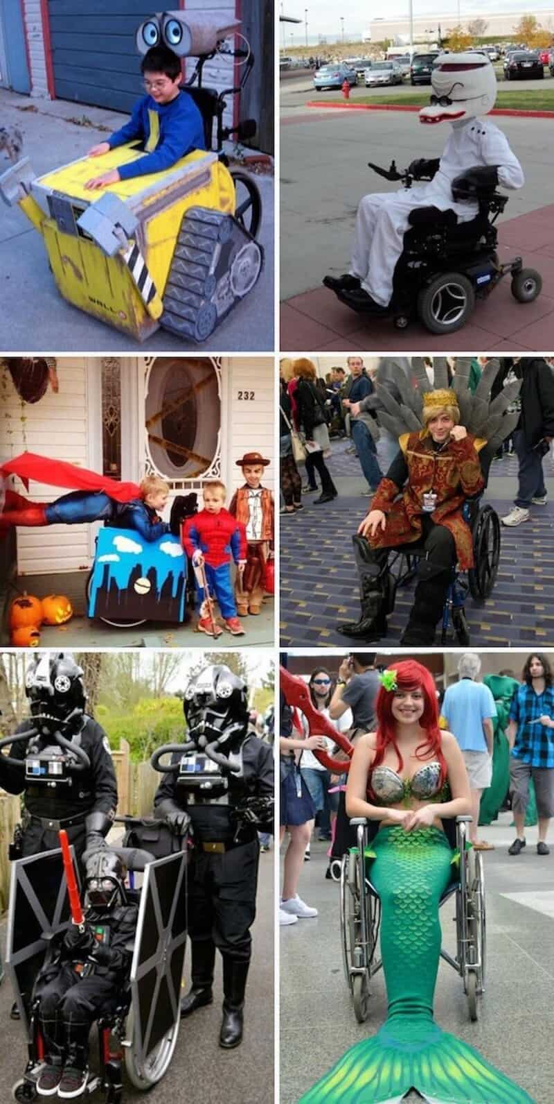 People with disabilities in costumes and wheelchairs at a Halloween event.