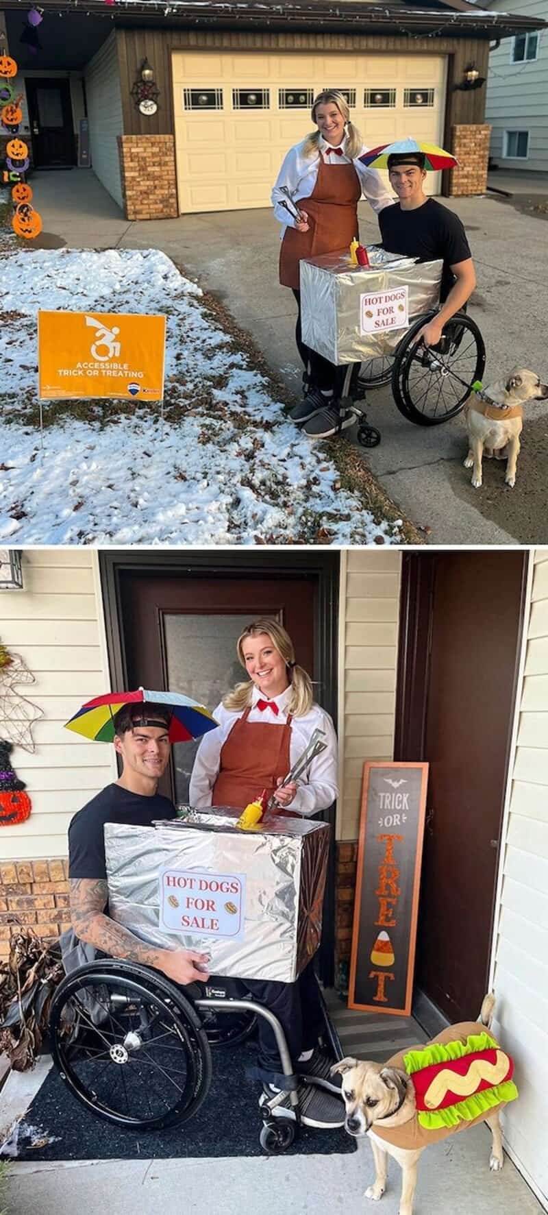 Two people in wheelchairs with a dog, dressed in costumes for Halloween; a sign and a box for sale.