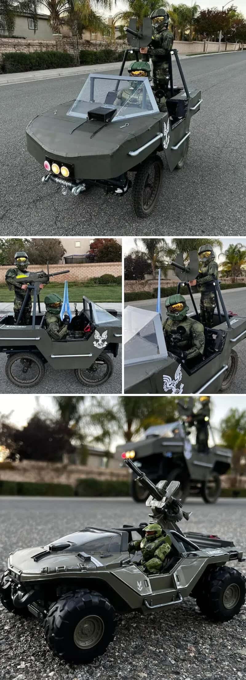 People in costumes riding a military-style vehicle on a street, with a driver and passenger wearing◦.