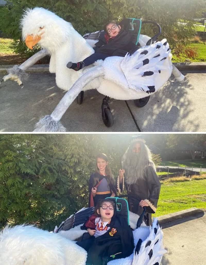 Person in wheelchair rides a large white goose costume float with two people in Halloween costumes.